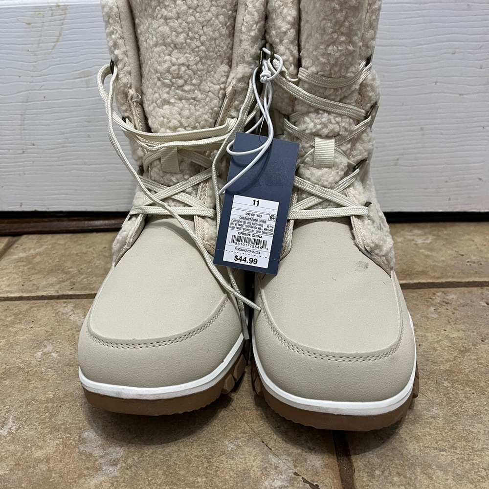 Cream Winter & Rain Boots with Textured Fabric and Folded Cuff